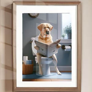 Yellow Lab Reading Newspaper on Toilet Bathroom Humor Poster Print ...