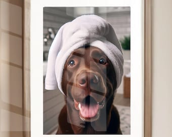 Funny Chocolate Lab Bathroom Wall Art – Dog with Towel on Head Print, Humorous Bath Decor for Dog Lovers, Unframed Poster