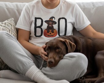 Halloween Shirt Chocolate Lab Puppy Pumpkin BOO Witch Hat Dog Shirt Cute Halloween Dog T-Shirt Chocolate Lab Mom Gift Fall Hooded TShirt