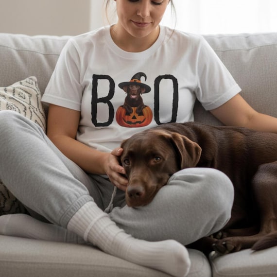 Halloween Shirt Chocolate Lab Puppy Pumpkin BOO Witch Hat Dog Shirt Cute Halloween Dog T-Shirt Chocolate Lab Mom Gift Fall Hooded TShirt