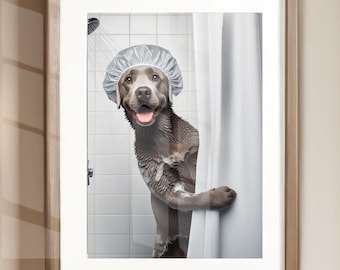 Funny Silver Lab Shower Poster Print – Whimsical Bathroom Dog Wall Art (Unframed Print)
