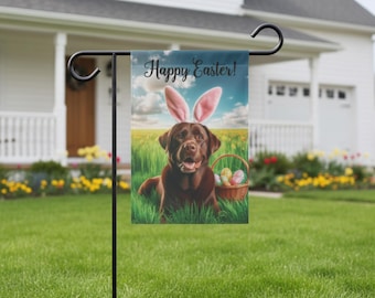Chocolate Labrador Flag, Easter Bunny Happy Easter Chocolate Lab House Banner Labrador Retriever, Chocolate Lab Easter Garden Flag