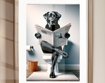Funny Black Lab Bathroom Poster Print: Dog Reading Newspaper Toilet Wall Art (Unframed Print)