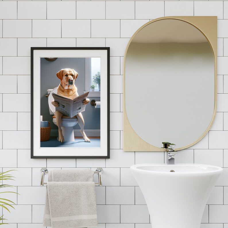Yellow Labrador Reading Newspaper on Toilet Bathroom Humor Poster Print ...