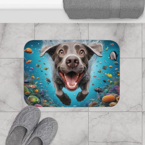 Silver Lab Bath Mat, Cute Dog Bathroom Decor, Underwater Adventure