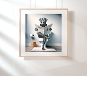 Funny Black Lab Bathroom Poster Print: Dog Reading Newspaper Toilet ...
