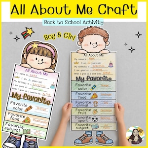 May include: An All About Me craft activity sheet featuring two illustrated characters, one with a pink headband and one with brown hair, holding signs with fill-in-the-blank sections for personal details like name, age, birthday, and favourites.