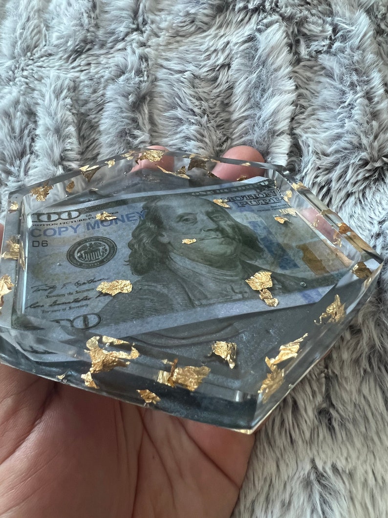 100 Dollar Bill Ashtray Encapsulated Inside copy Adorned With Gold Foil
