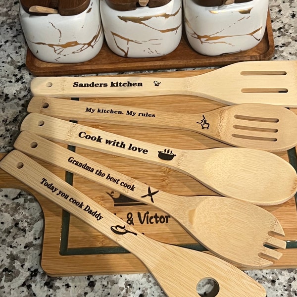 Personalized 5 piece wooden spoon set, laser engraved spoon set, personalize your own set, handmade and made to order.