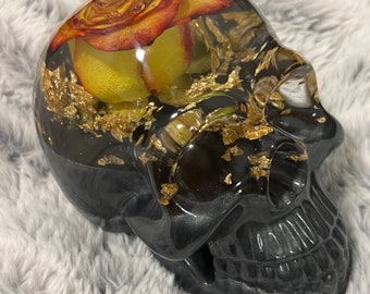 The Caravel and the Rose, beautiful transparent Skull with real dried two-color Rose preserved and sunk in gold paper, handmade, Mother day
