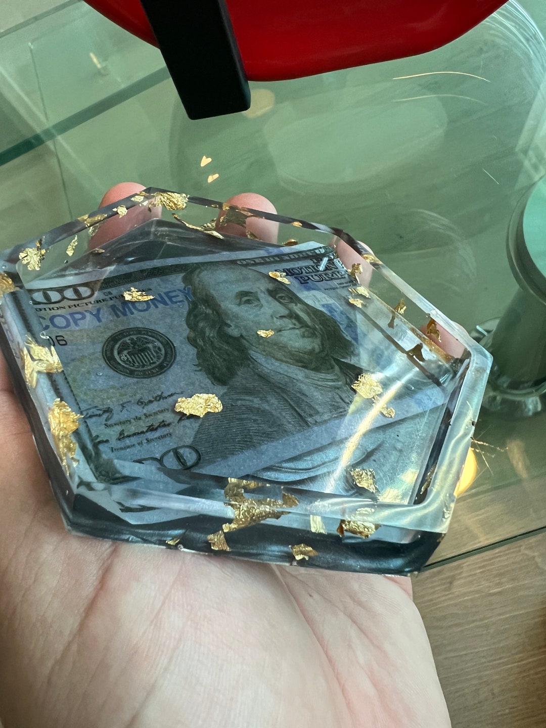 100 Dollar Bill Ashtray Encapsulated Inside copy Adorned With Gold Foil