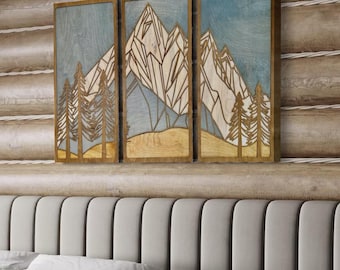 Handmade Geometric Mountain Wood Wall Art Triptych: Rustic Cabin Decor