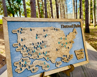 Carte de voyage personnalisée des parcs nationaux des États-Unis | Cadeau pour camping-car | Cadeau 5e anniversaire | Cadeau pour randonneur | Cadeau de retraite | Carte personnalisée du parc national