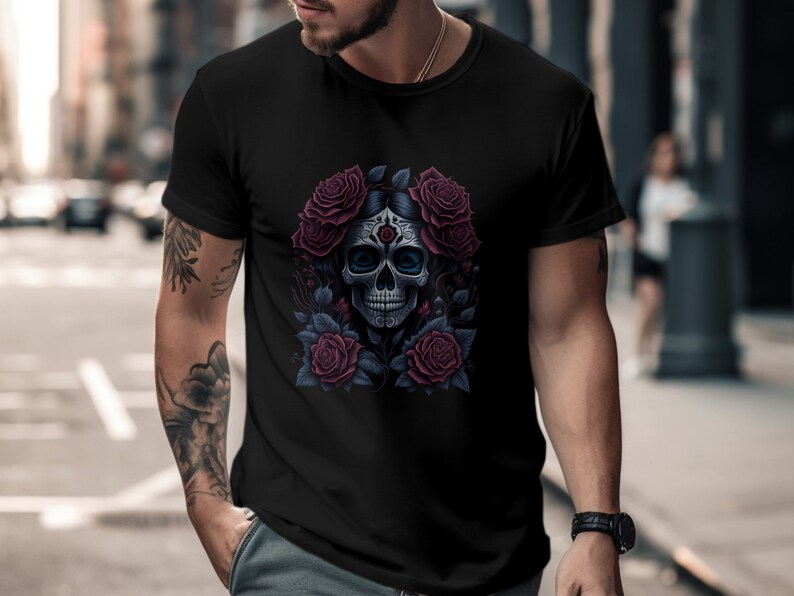 Gothic Skull and Roses T-shirt, Unisex Graphic Tee, Dark Floral Print ...