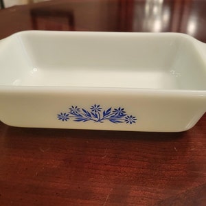 Vintage Anchor Hocking Milk Glass Loaf Pan with Cornflower 11x5.5x2