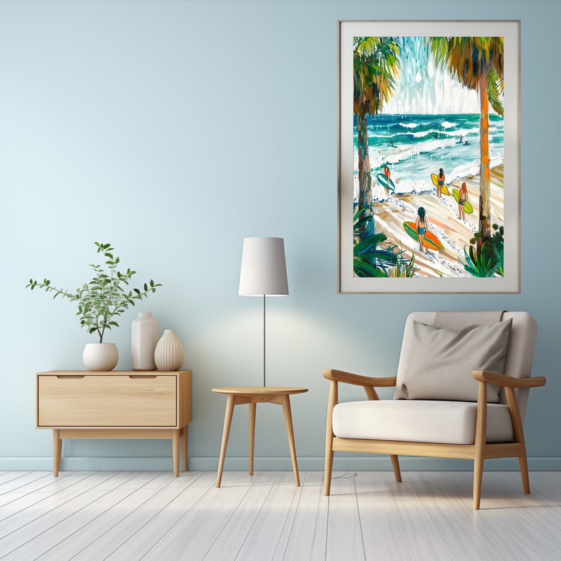 Tropical Beach Surf Scene Wall Art, Coastal Living Room Decor, Colorful ...