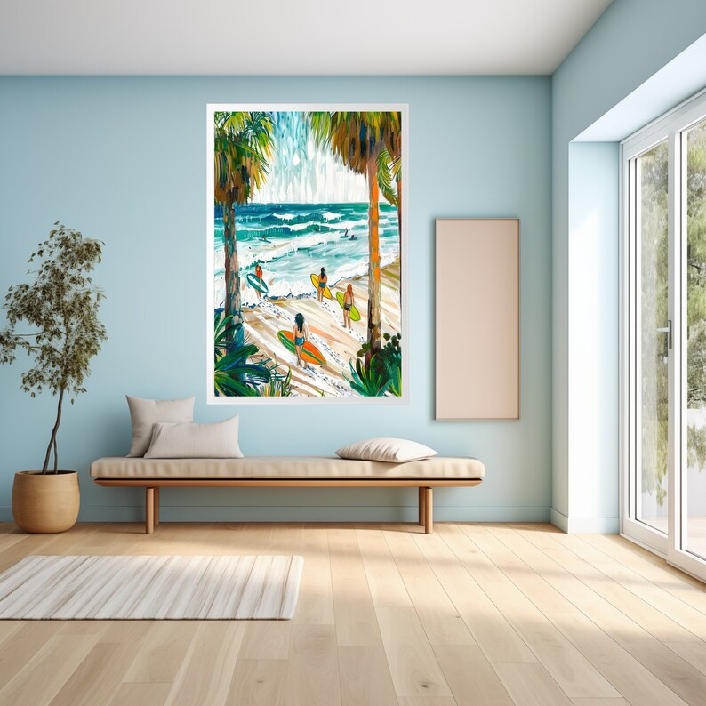Tropical Beach Surf Scene Wall Art, Coastal Living Room Decor, Colorful ...