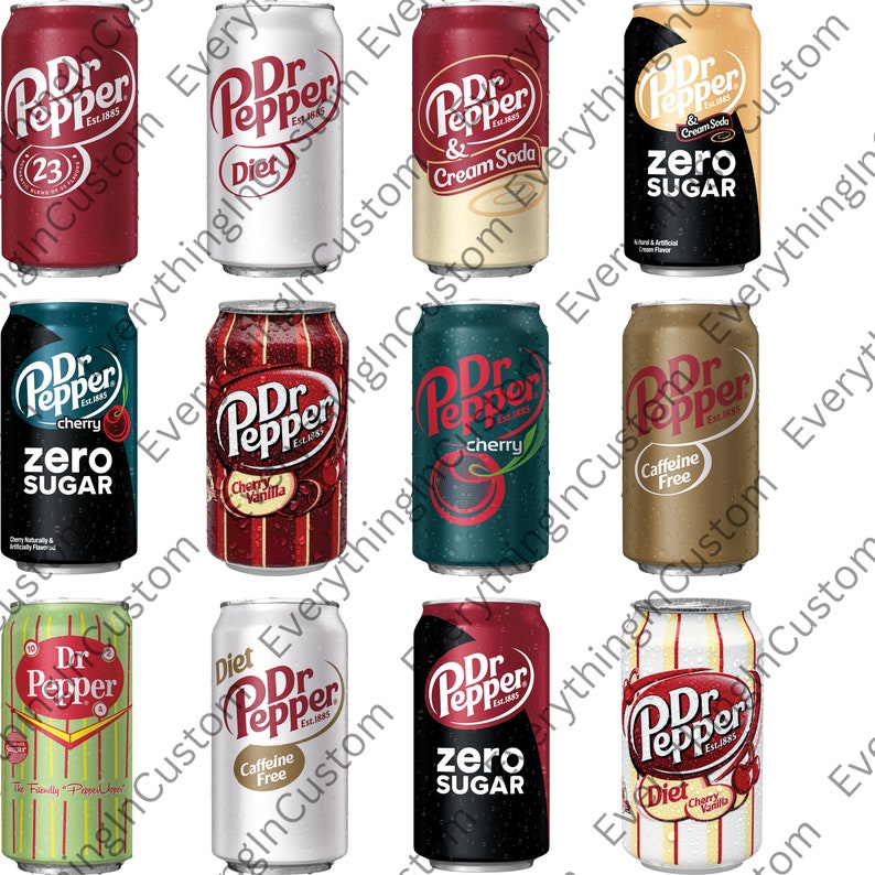 May include: A selection of Dr Pepper soda cans, showcasing different flavours such as cherry and cream soda, and zero sugar options. The cans display the Dr Pepper logo and branding, with diverse colour schemes. Some cans have water droplets.