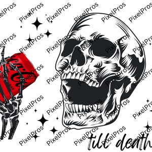 May include: Black and white skull graphic with an open mouth, a skeleton hand holding a red soda can, and the words "Till death..." on a white background. Black star shapes are scattered around the image.