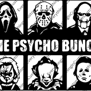 The Psycho Bunch PNG, Jigsaw png, Michael Myers png, Jason Voorhees png, Scream png Chucky, Freddy Kruger png, Horror movie png, Digital
