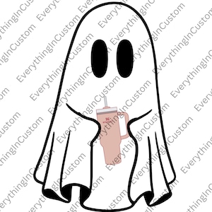 May include: A white ghost illustration with black eyes and mouth, holding a pink tumbler with a straw. The tumbler has a white lid and the text "Stanley" on it. The ghost is a Halloween-themed design.