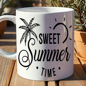 Sweet Summer Time Mug with Sun & Palm Tree – Cute Tropical Coffee Cup, Summer Vibes Drinkware, Vacation Gift for Beach and Sunshine Lovers