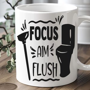 Focus Aim Flush Mug – Funny Bathroom Coffee Cup with Toilet and Plunger, Gag Gift, Guest Bathroom Humor, or Sassy Toilet Decor Idea