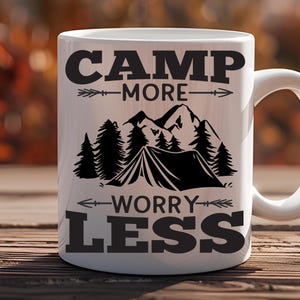 Camp More Worry Less Mug - Tent, Mountain & Pine Tree Coffee Cup - Rustic Nature Gift for Campers, Hikers, and Outdoor Adventure Lovers