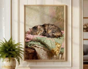 Sleeping Tabby Cat Art Print, Cozy Cat on Quilts Oil Painting, Vintage Style Cottagecore Decor, Warm Bedroom Print, Instant Digital Download
