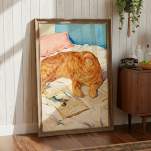 Orange Cat Reading a Book Art Print, Cozy Literary Kitty Oil Painting, Book Lover Gift, Warm Bedroom Wall Art, Instant Digital Download