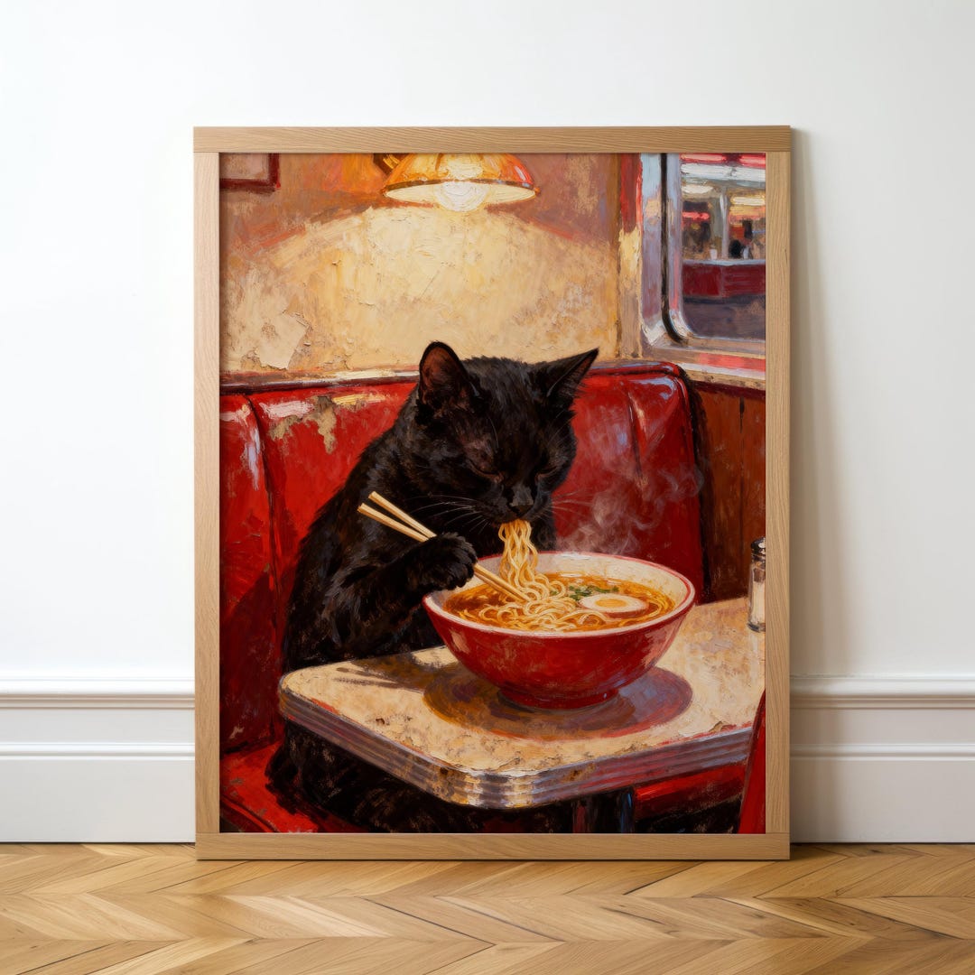 Black Cat Eating Ramen Art Print, Funny Cat Kitchen Decor, Japanese ...