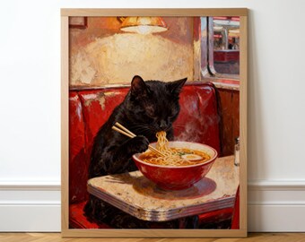 Black Cat Eating Ramen Art Print, Funny Cat Kitchen Decor, Japanese Noodle Bowl Oil Painting, Whimsical Kitty Wall Poster, Foodie Gift
