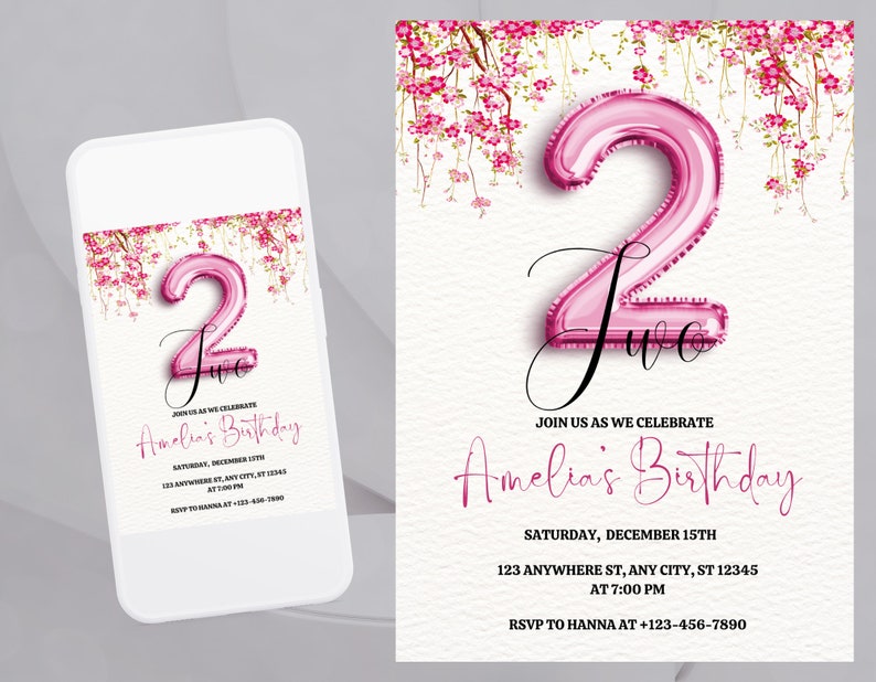 Pink 2nd Birthday Invitation Printable Instant Download Editable ...