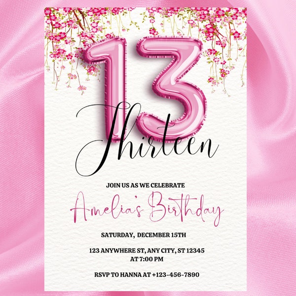 Pink 13th Birthday Invitation Printable Instant Download Editable Template Foil Number Thirteen Girl Birthday Flower Simple Digital Card