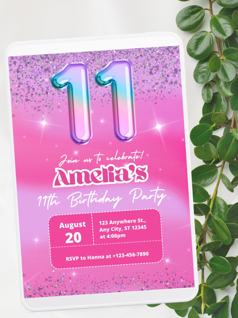 Editable Pink Glitter 11th Birthday Invitation Template Rainbow Foil ...