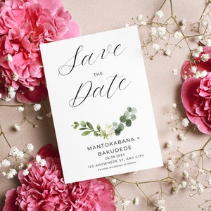 Verdure Sauvez la date faire-part de mariage avec eucalyptus | Bohème Chic | Invitations inspirées de la nature | Réservez la date d'invitation de mariage