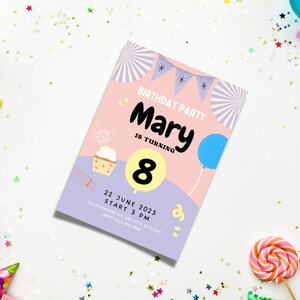 Invitación de cumpleaños infantil ilustrada caprichosa - Personalizable e imprimible - Tema de fiesta divertido y animado - Descarga digital