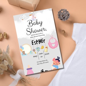 Invitación caprichosa del baby shower de Esther en acuarela / tarjeta floral imprimible