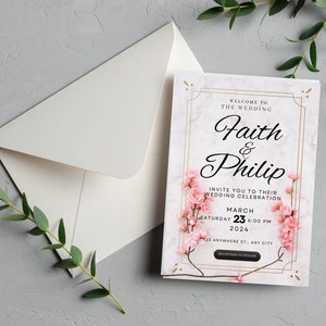 Carte d'invitation de mariage de fleur japonaise rose | Papeterie de mariage haut de gamme | Invitations à des événements exclusifs | Modèle modifiable et imprimable
