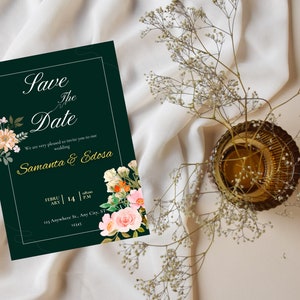Carte d'invitation de mariage moderne verte et blanche Save The Date | Rustique Chic | Invitations artistiques | Carte de mariage modifiable et imprimable |