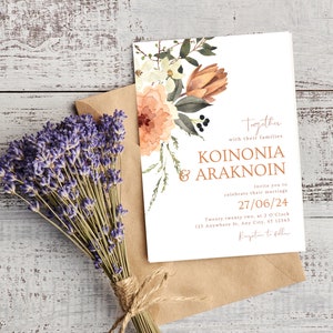 Carte d'invitation de mariage de roses de Boho de terre cuite et de Protea | Bonheur botanique | L'élégance naturelle invite | Modèle modifiable et imprimable