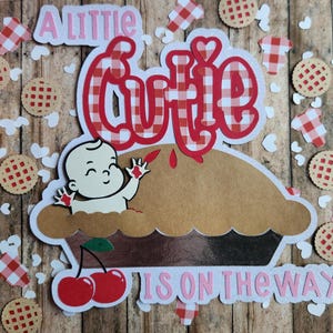 W drodze jest Cutie Pie, ozdoba na tort w kształcie wiśni - Baby Shower, ujawnienie płci dziecka, dziecko, jesień, ciasto, wiśnia