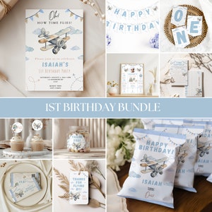 May include: A 1st birthday party printable bundle with a blue and brown airplane theme. The bundle includes a birthday invitation, a banner, a time capsule, a thank you tag, a cupcake topper, a favor bag, and a chocolate bar wrapper. The text on the invitation reads "Oh! How time flies! Please join us to celebrate Isaiah's 1st Birthday Party".