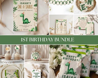 One-A-Saurus 1st Birthday Bundle: Dinosaur Party Decor (Canva Templates)