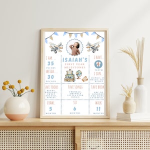 Oh, cómo vuela el tiempo! Cartel de hito | Niño de primer cumpleaños | Decoración de fiesta  | Avión | Plantillas de Canva | Bebé 12 meses