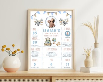 Puede incluir: Un póster imprimible azul y blanco con una foto de un bebé varón con una camisa azul. El póster está decorado con aviones, maletas y un globo terráqueo. El póster incluye el nombre del bebé, Isaiah, y detalles sobre sus hitos del primer año, incluyendo su altura, peso, alimentos favoritos, canciones y libros.