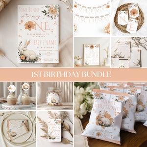 Some Bunny is One Birthday Bundle | Invitation | 1st Birthday Girl | Baby Party Decor | Boho Bunny | Birthday Printables | Canva Templates