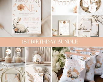 Some Bunny is One Birthday Bundle | Invitation | 1st Birthday Girl | Baby Party Decor | Boho Bunny | Birthday Printables | Canva Templates