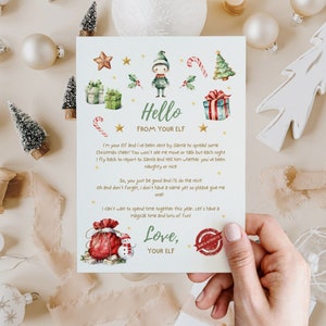 Carta de llegada de elfo editable, carta de bienvenida de elfo de Navidad, carta de celebración de la temporada festiva, plantilla imprimible, carta de saludo de elfo