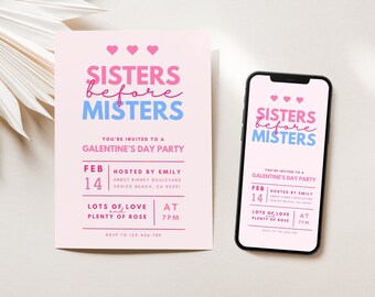 Galentines Invite Electronic, Editable Galentine's Day Party Invitation, Sisters before Misters ,Galentines Day Invitation Template Canva